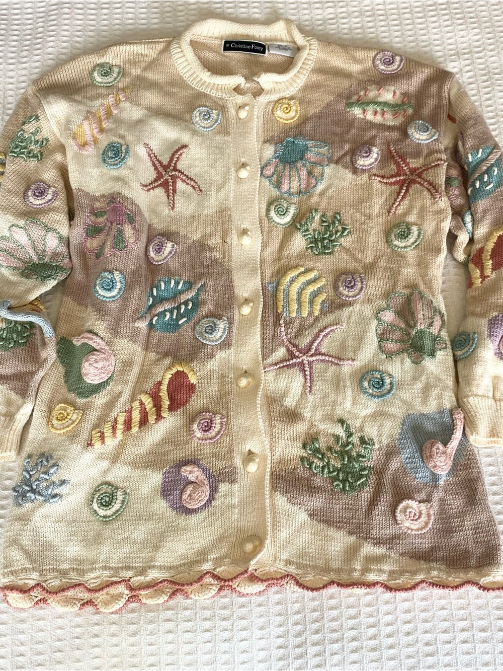Christine Foley Cream Seashell Embroidered Cardigan Sweater size 3